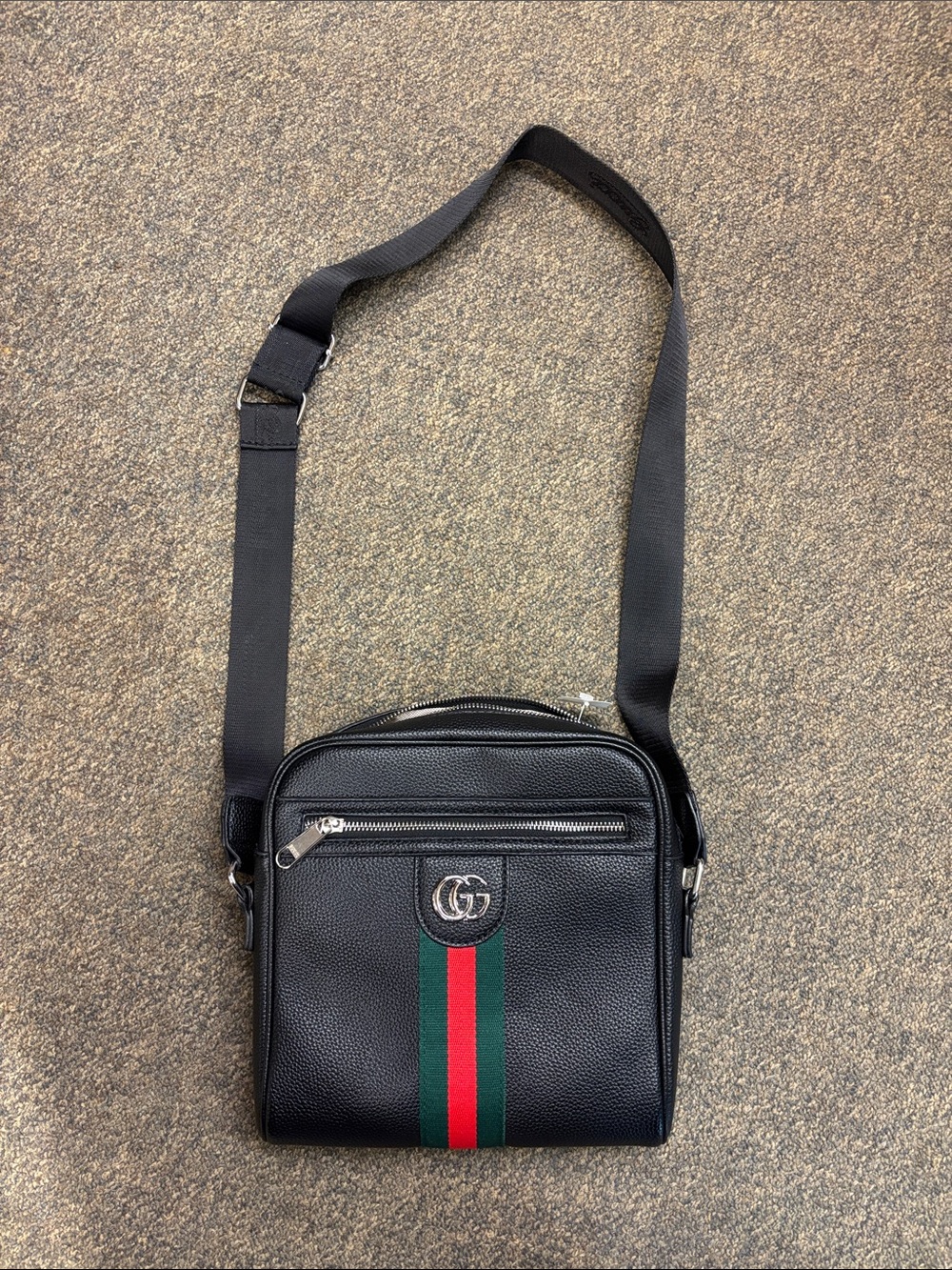 Gucci Black Leather Messenger Bag with Green and Red Web Stripe